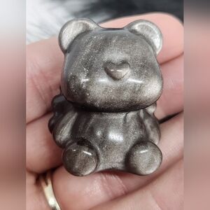 Silver Sheen Obsidian Angel Bear. Crystal Carving Home Decor